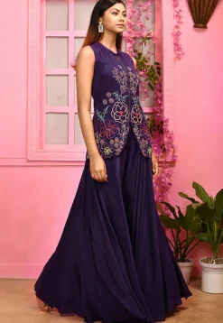 Hand Embroidered Satin Silk Top Set in Dark Purple