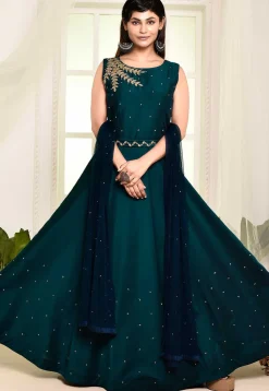 Hand Embroidered Satin Silk Abaya Style Suit in Teal Blue