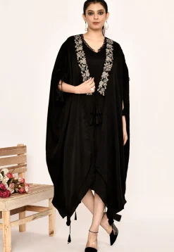 Hand Embroidered Satin Silk Midi Dress in Black