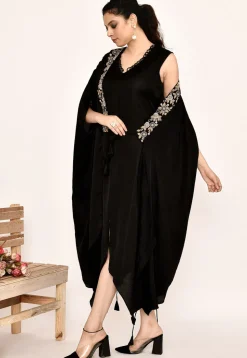 Hand Embroidered Satin Silk Midi Dress in Black