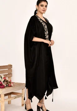 Hand Embroidered Satin Silk Midi Dress in Black