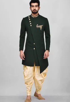 Hand Embroidered Scuba Asymmetric Dhoti Sherwani in Dark Green