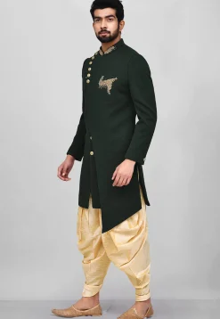 Hand Embroidered Scuba Asymmetric Dhoti Sherwani in Dark Green