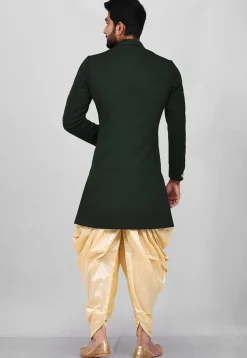 Hand Embroidered Scuba Asymmetric Dhoti Sherwani in Dark Green