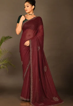Hand Embroidered Shimmer Georgette Saree in Maroon
