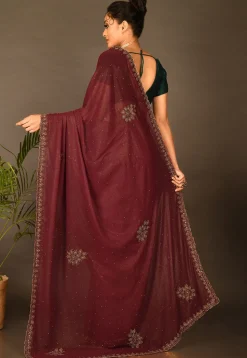 Hand Embroidered Shimmer Georgette Saree in Maroon