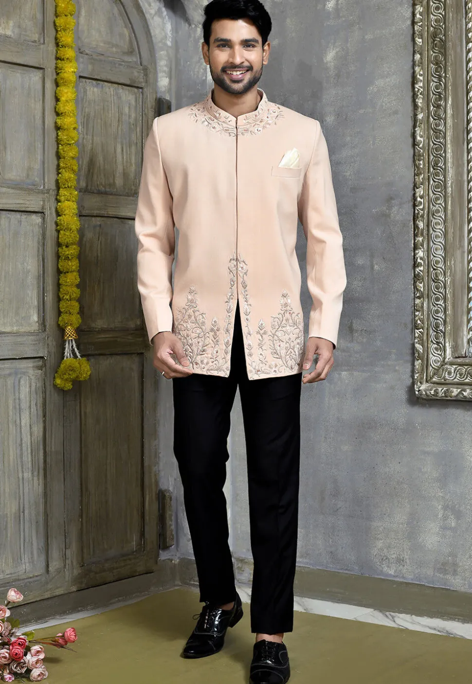 Hand Embroidered Suede Jodhpuri Suit in Peach