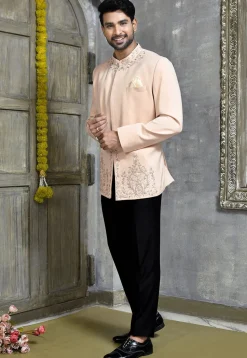 Hand Embroidered Suede Jodhpuri Suit in Peach
