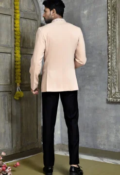 Hand Embroidered Suede Jodhpuri Suit in Peach