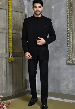 Hand Embroidered Suede Jodhpuri Suit in Black
