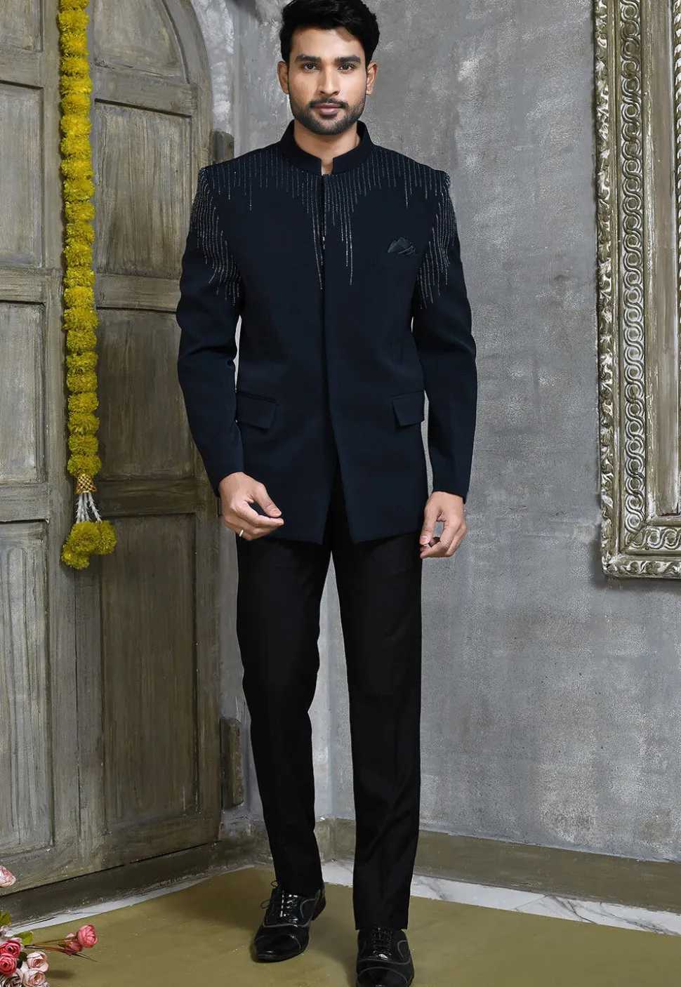 Hand Embroidered Suede Jodhpuri Suit in Navy Blue
