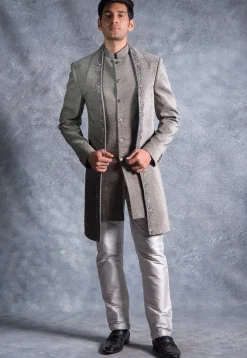 Hand Embroidered Suede Silk Sherwani in Grey