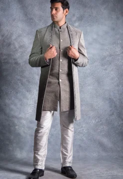 Hand Embroidered Suede Silk Sherwani in Grey