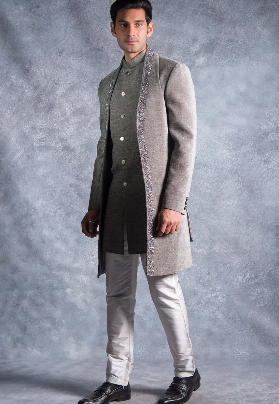 Hand Embroidered Suede Silk Sherwani in Grey