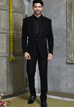Hand Embroidered Suede Suit Set in Black