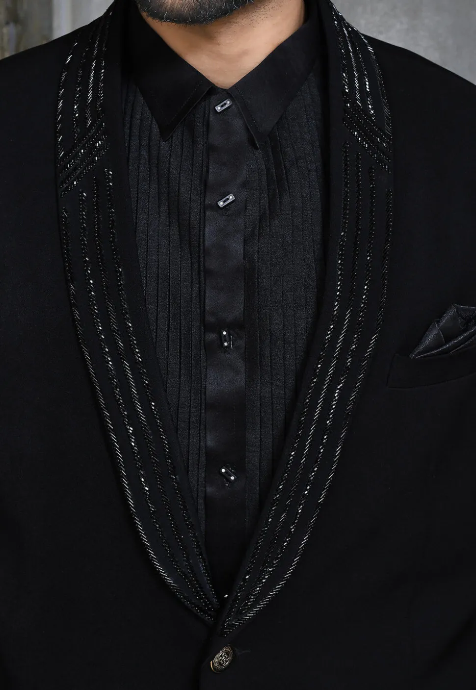 Hand Embroidered Suede Suit Set in Black
