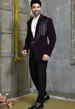 Hand Embroidered Suede Suit Set in Dark Purple