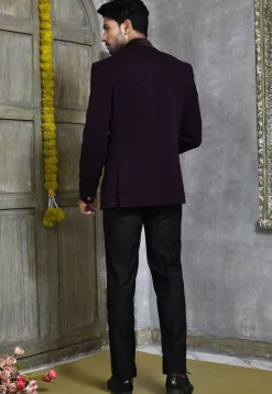 Hand Embroidered Suede Suit Set in Dark Purple