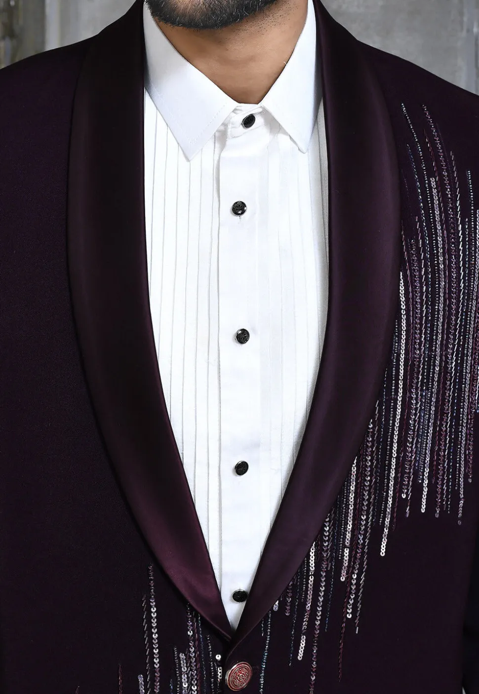 Hand Embroidered Suede Suit Set in Dark Purple