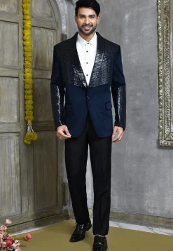 Hand Embroidered Suede Suit Set in Dark Blue