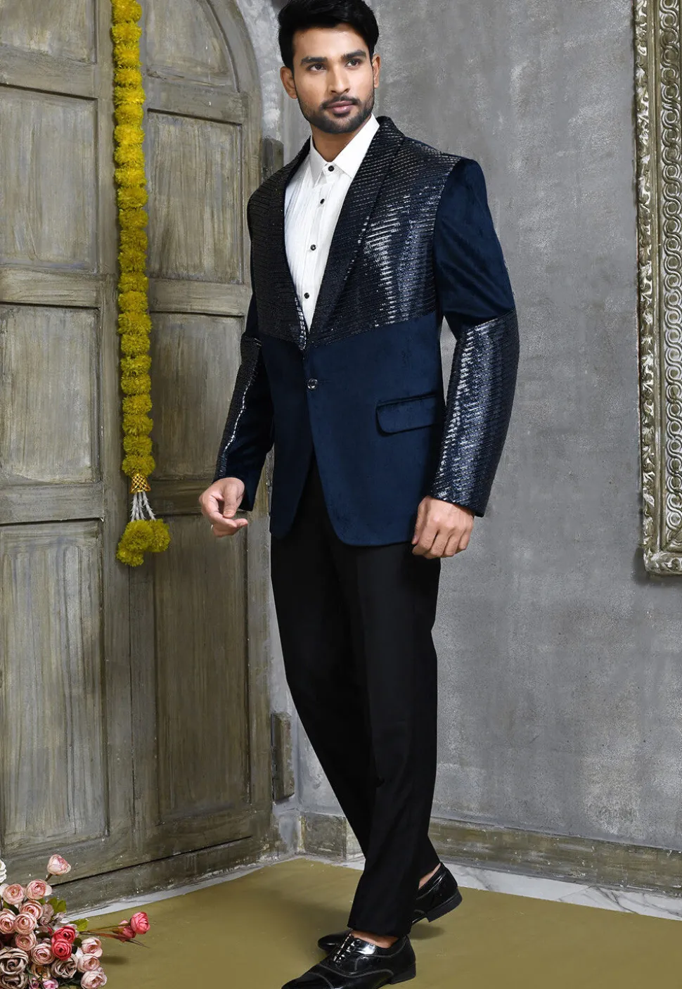 Hand Embroidered Suede Suit Set in Dark Blue