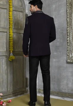 Hand Embroidered Suede Suit Set in Dark Purple