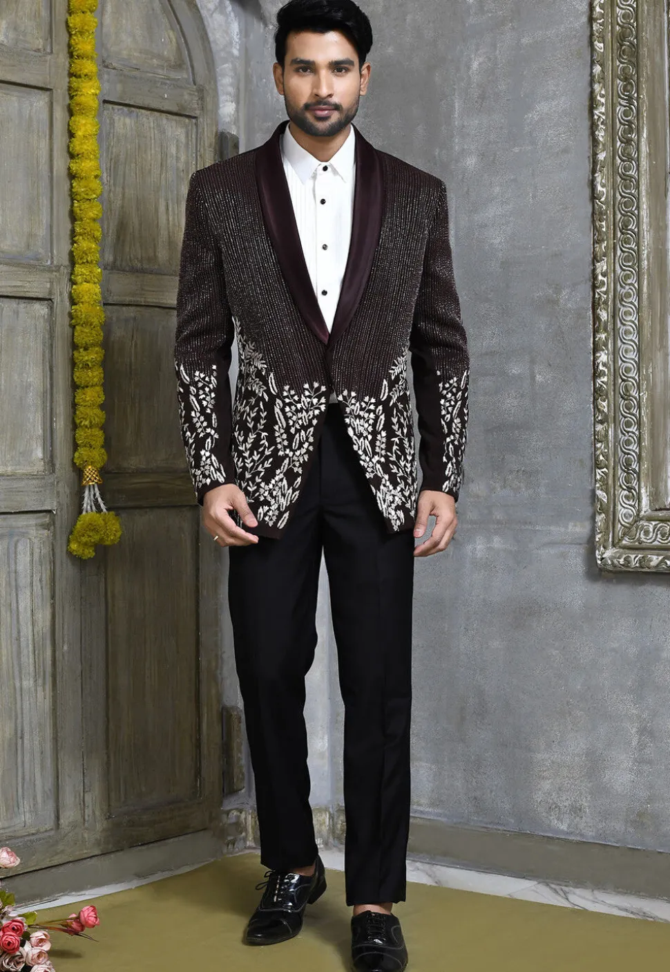 Hand Embroidered Suede Suit Set in Wine
