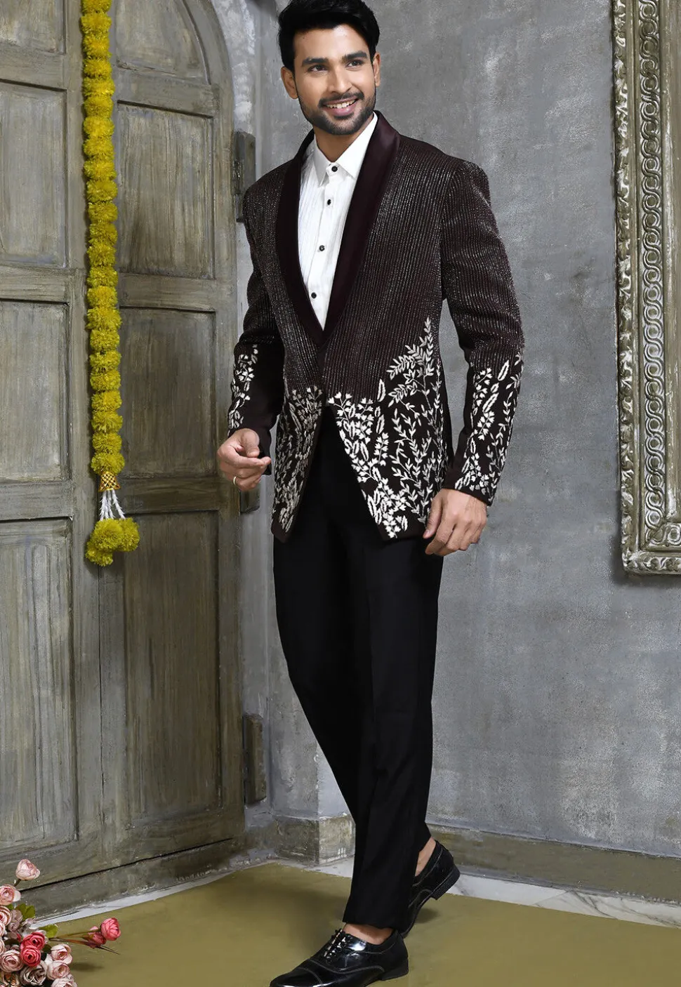 Hand Embroidered Suede Suit Set in Wine
