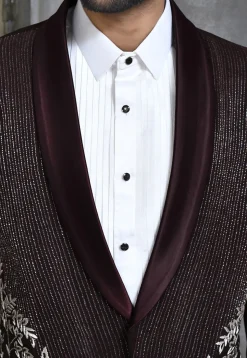 Hand Embroidered Suede Suit Set in Wine