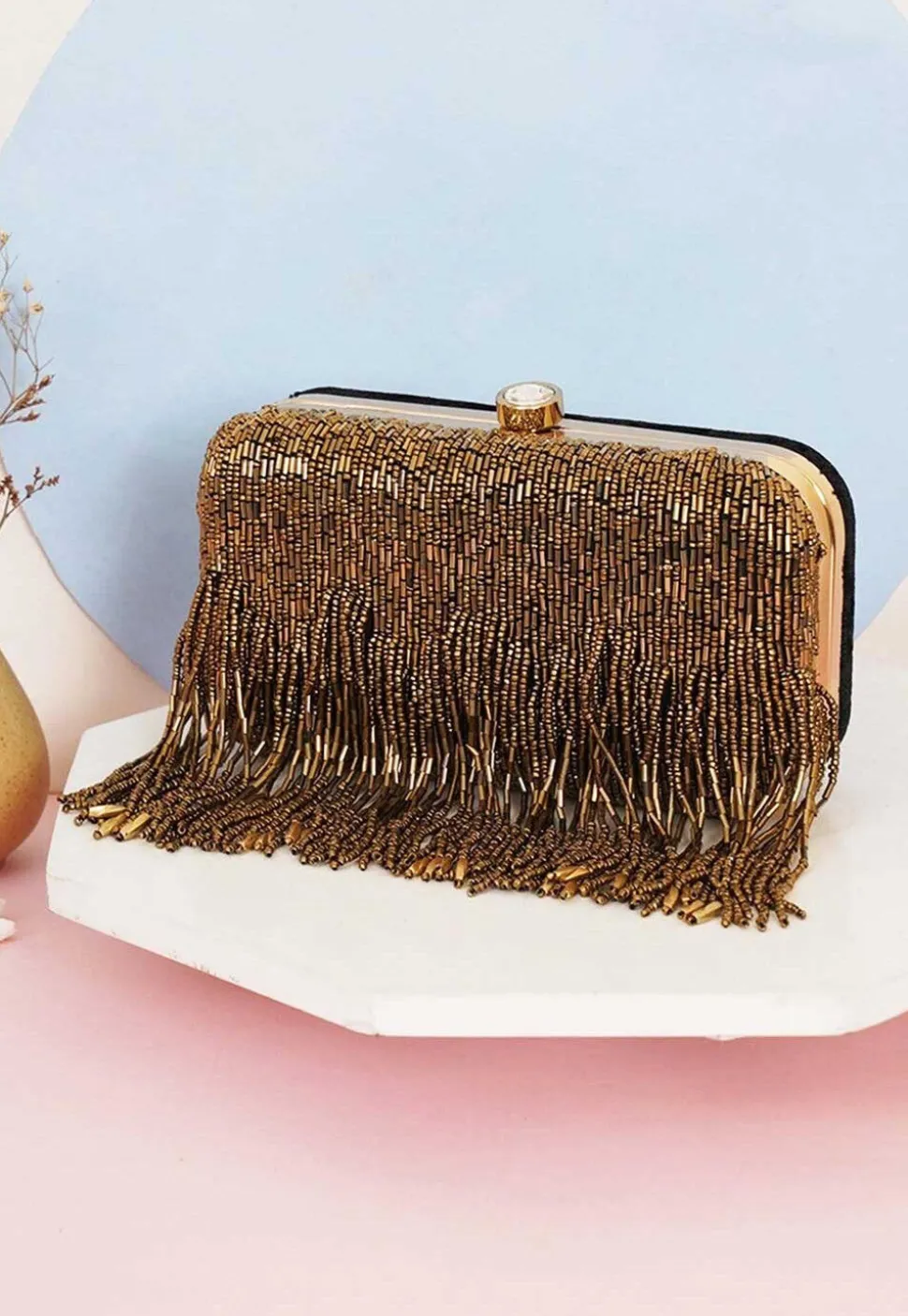 Hand Embroidered Synthetic Rectangular Clutch Bag in Golden