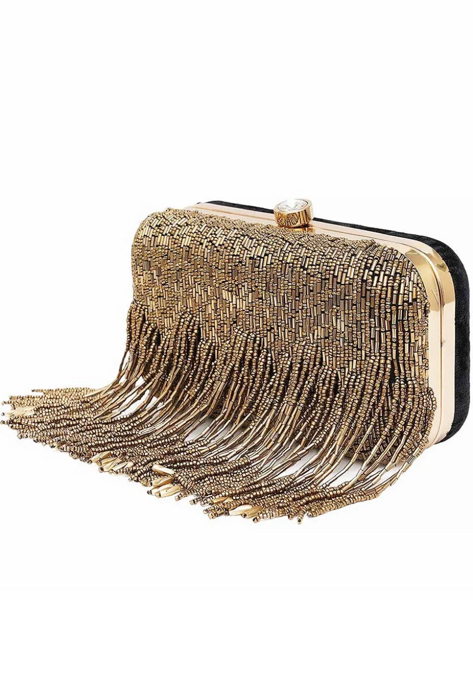 Hand Embroidered Synthetic Rectangular Clutch Bag in Golden