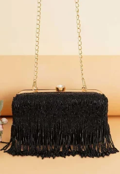 Hand Embroidered Synthetic Rectangular Clutch Bag in Black