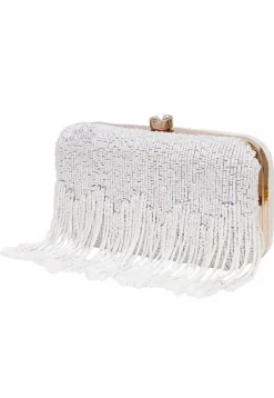 Hand Embroidered Synthetic Rectangular Clutch Bag in Off White