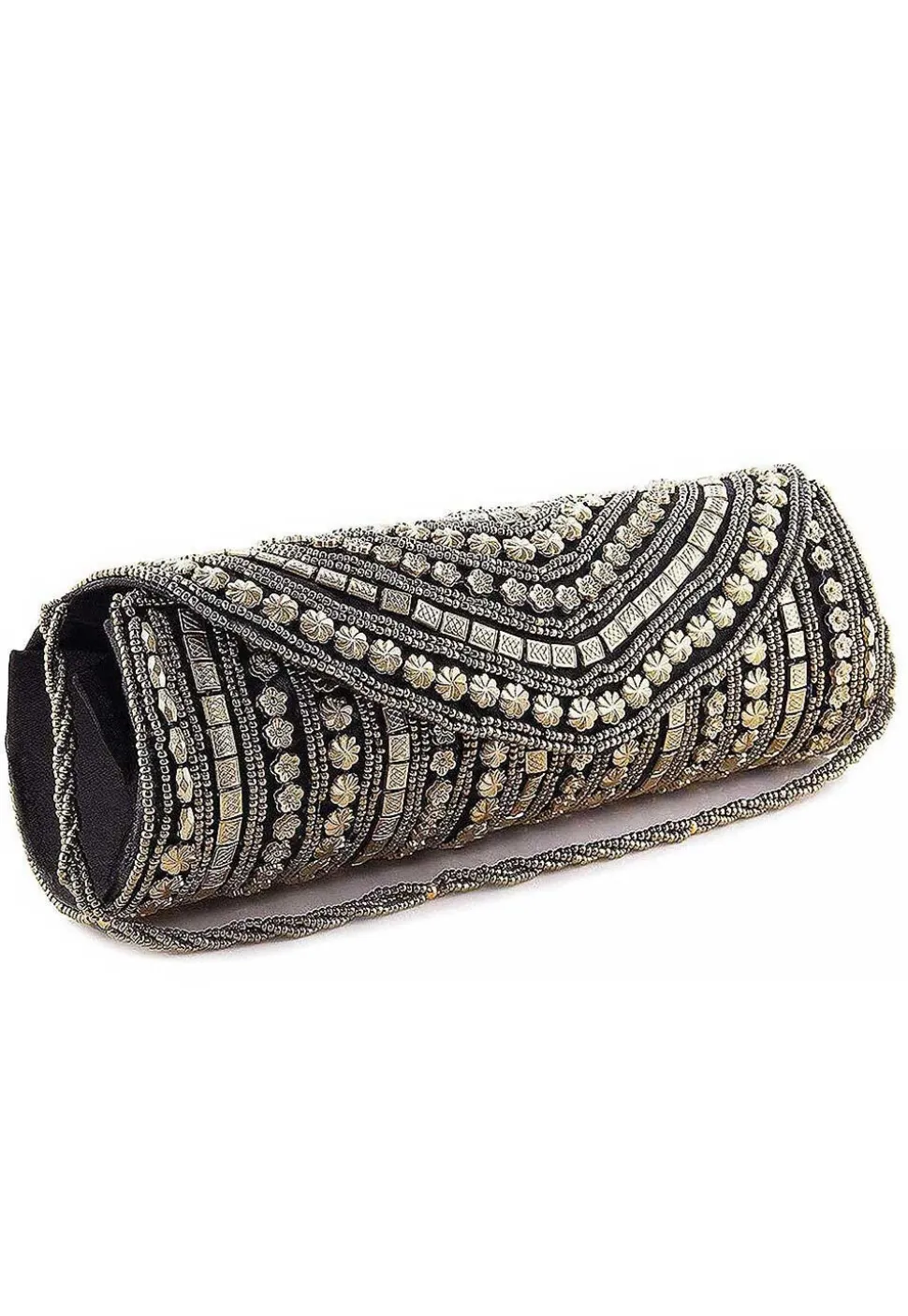 Hand Embroidered Synthetic Cylindrical Clutch Bag in Black