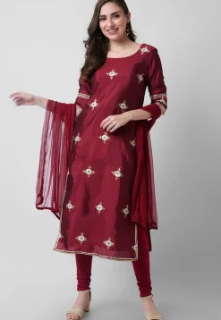 Hand Embroidered Tafetta Silk Straight Suit in Maroon