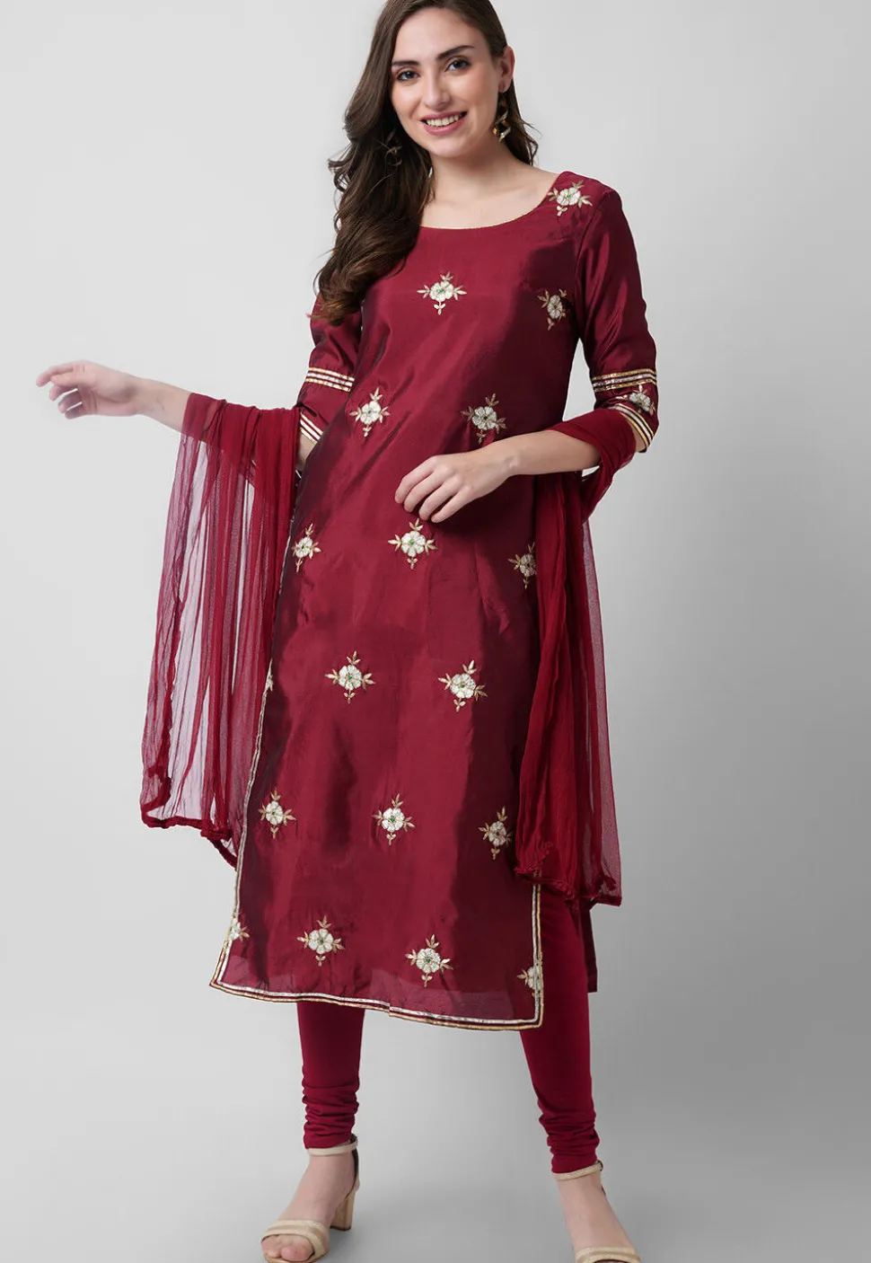 Hand Embroidered Tafetta Silk Straight Suit in Maroon