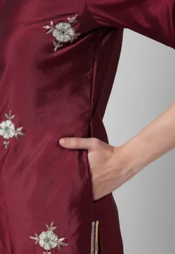 Hand Embroidered Tafetta Silk Straight Suit in Maroon