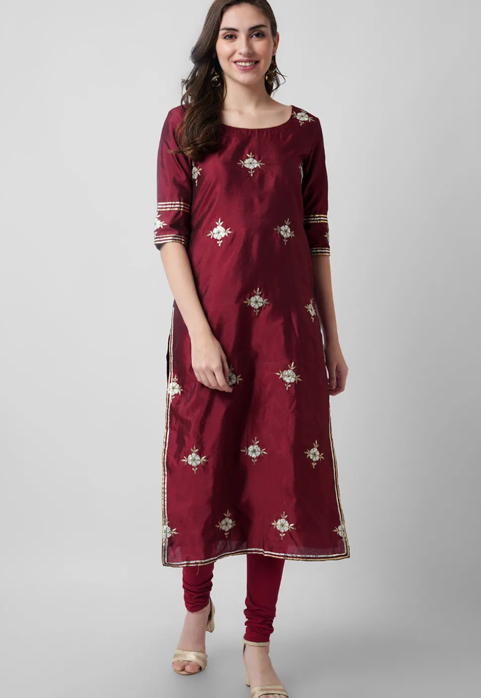 Hand Embroidered Tafetta Silk Straight Suit in Maroon