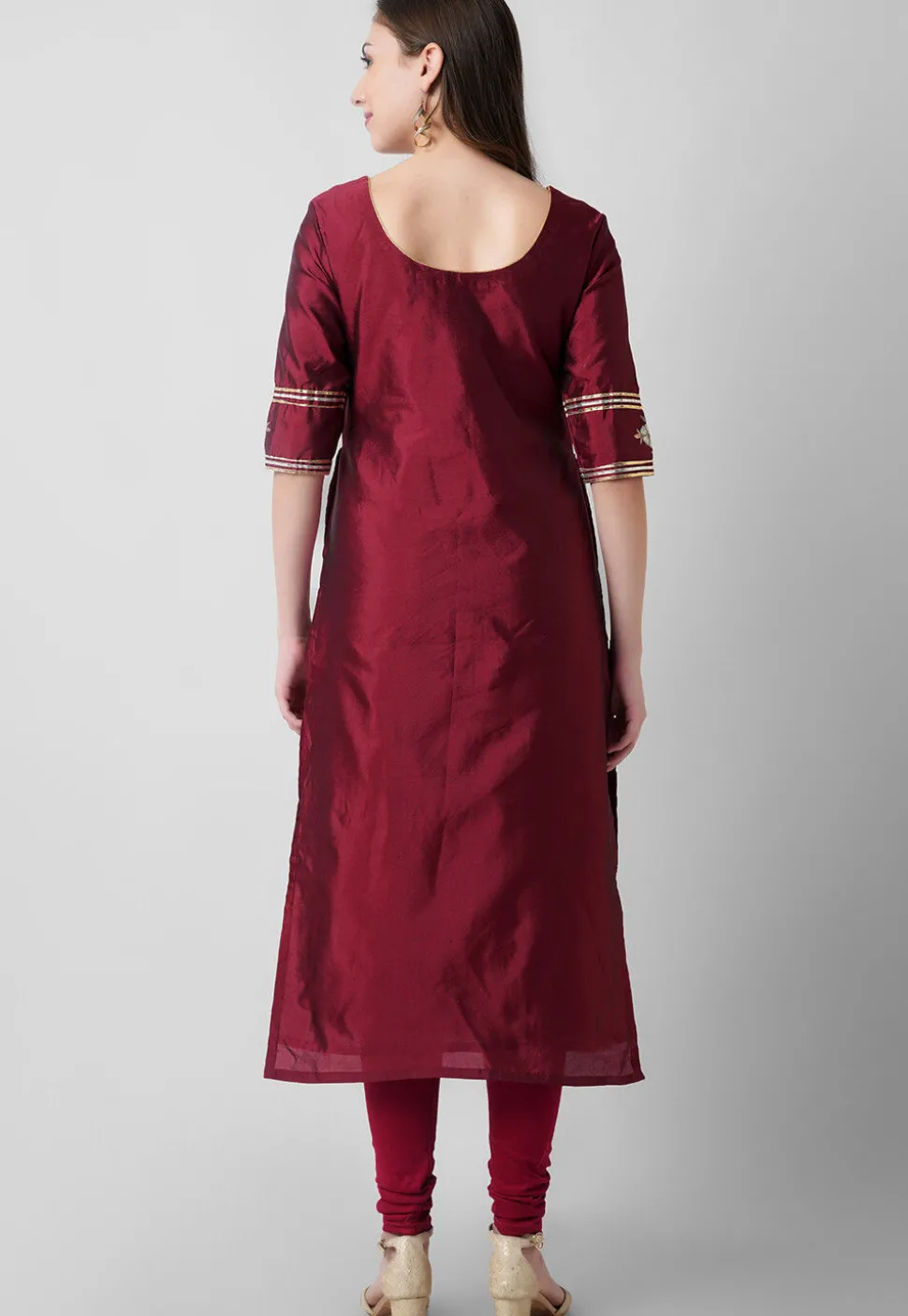 Hand Embroidered Tafetta Silk Straight Suit in Maroon