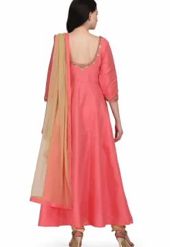 Hand Embroidered Taffeta Silk Anarkali Suit in Coral Pink