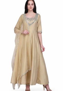 Hand Embroidered Taffeta Silk Anarkali Suit in Beige