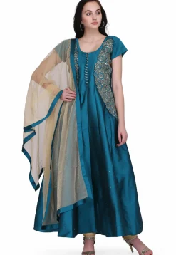 Hand Embroidered Taffeta Silk Anarkali Suit in Dark Teal Blue