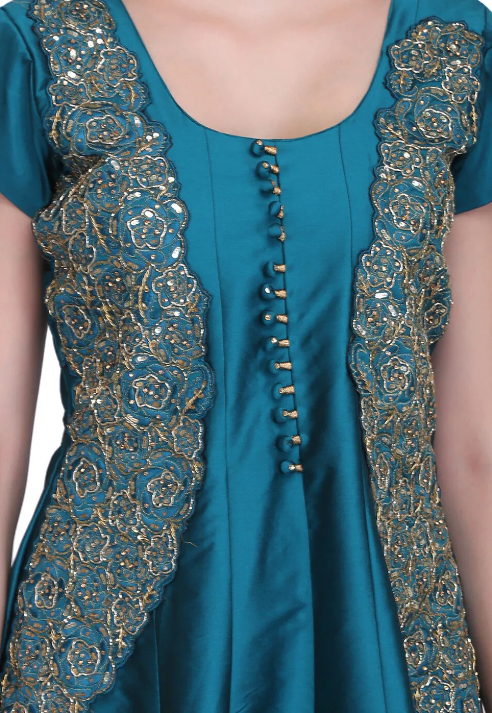 Hand Embroidered Taffeta Silk Anarkali Suit in Dark Teal Blue