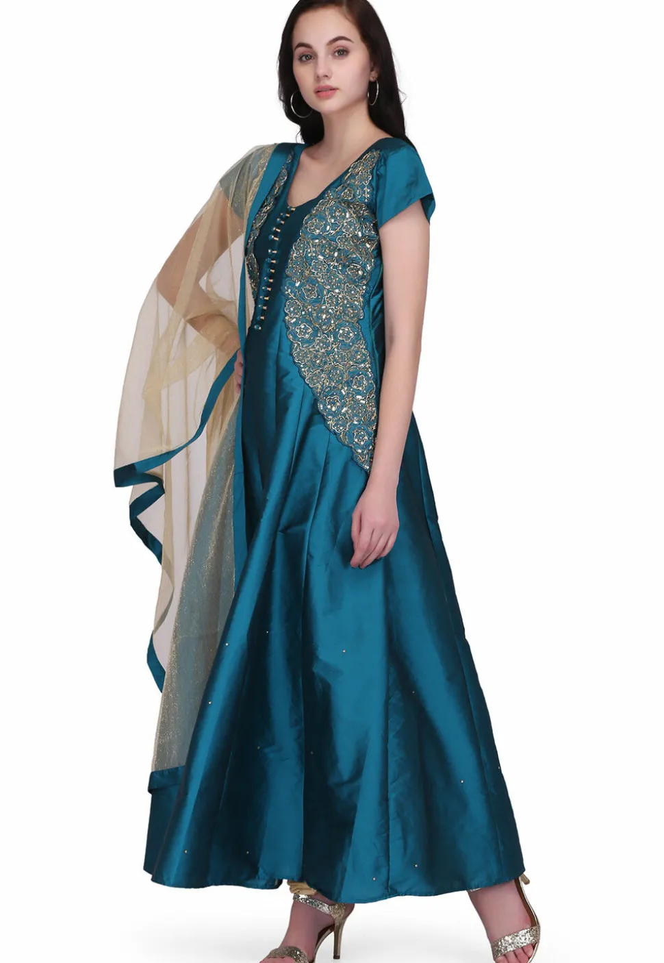 Hand Embroidered Taffeta Silk Anarkali Suit in Dark Teal Blue