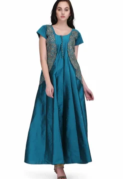 Hand Embroidered Taffeta Silk Anarkali Suit in Dark Teal Blue