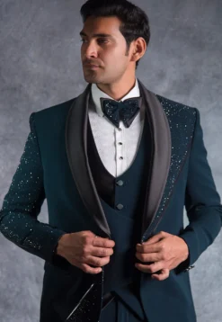 Hand Embroidered Terry Rayon Tuxedo Set in Teal Blue