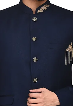 Hand Embroidered Terry Rayon Jodhpuri Suit in Dark Blue