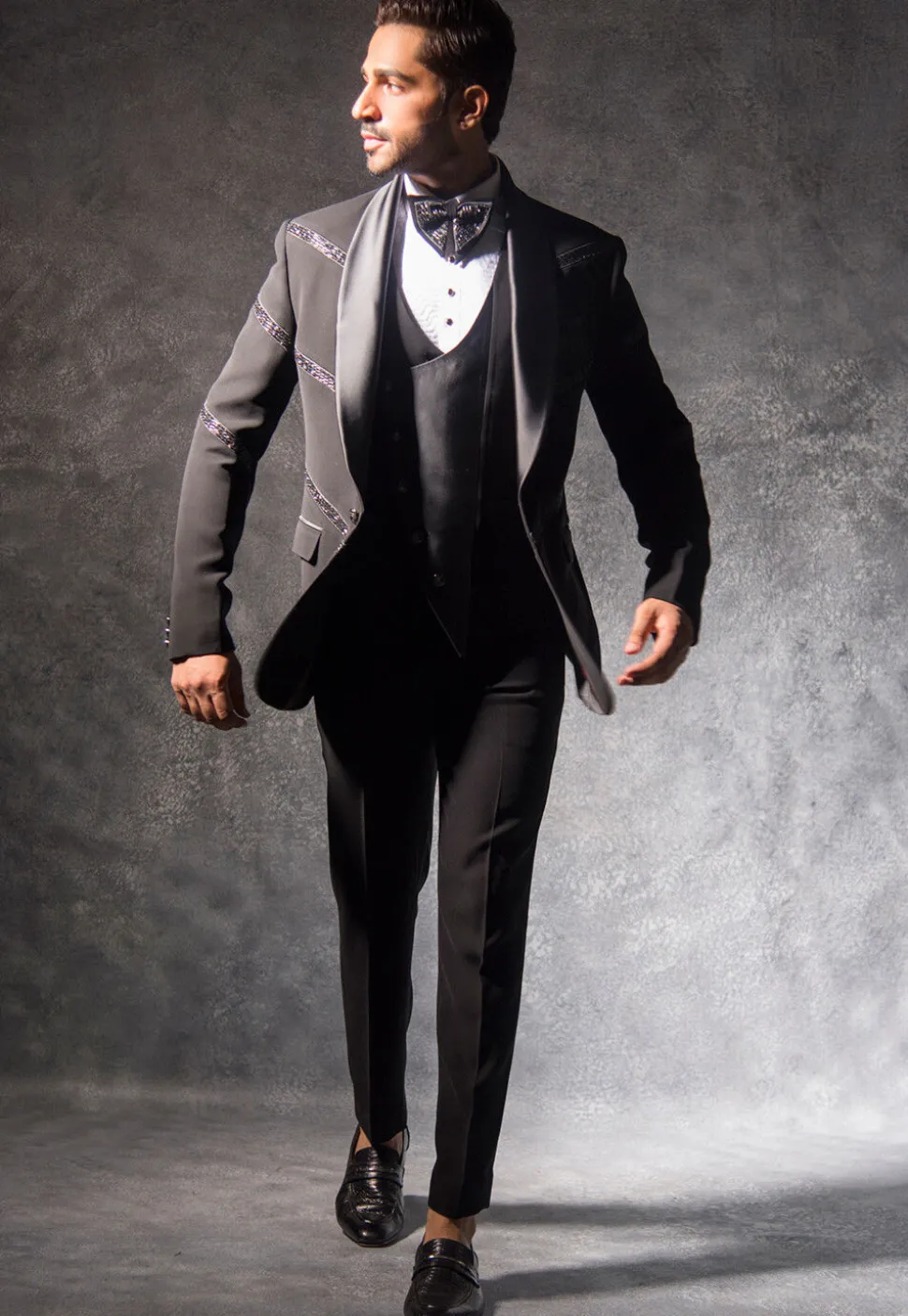 Hand Embroidered Terry Rayon Tuxedo Set in Charcoal