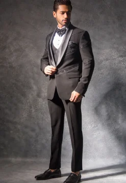 Hand Embroidered Terry Rayon Tuxedo Set in Charcoal