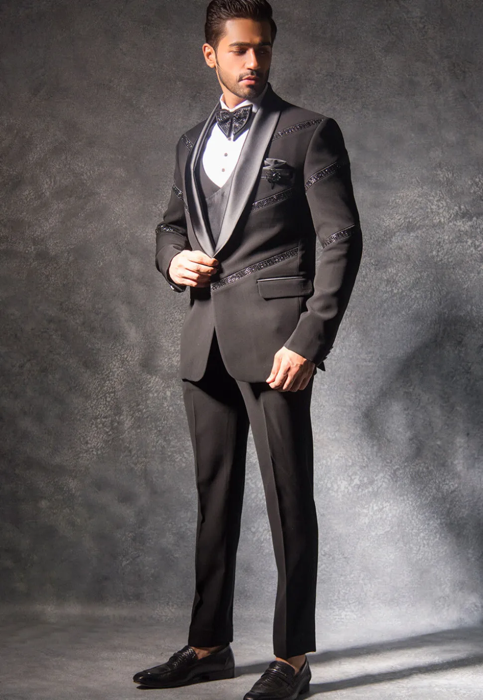 Hand Embroidered Terry Rayon Tuxedo Set in Charcoal